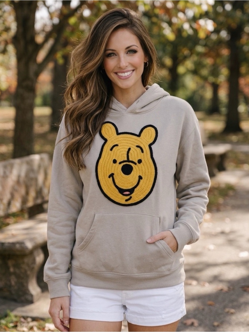 Disney Beige Hoodie with Yellow Winnie the Pooh Applique #1316